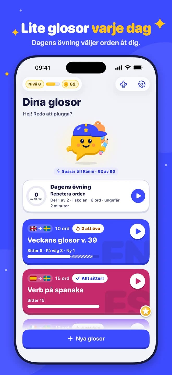 Lite glosor varje dag – Dagens övning väljer orden åt dig.