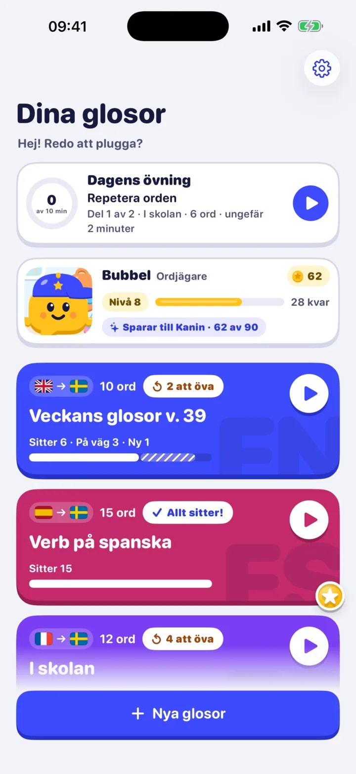 Glosor: startskärmen med dagens övning och gloslistor