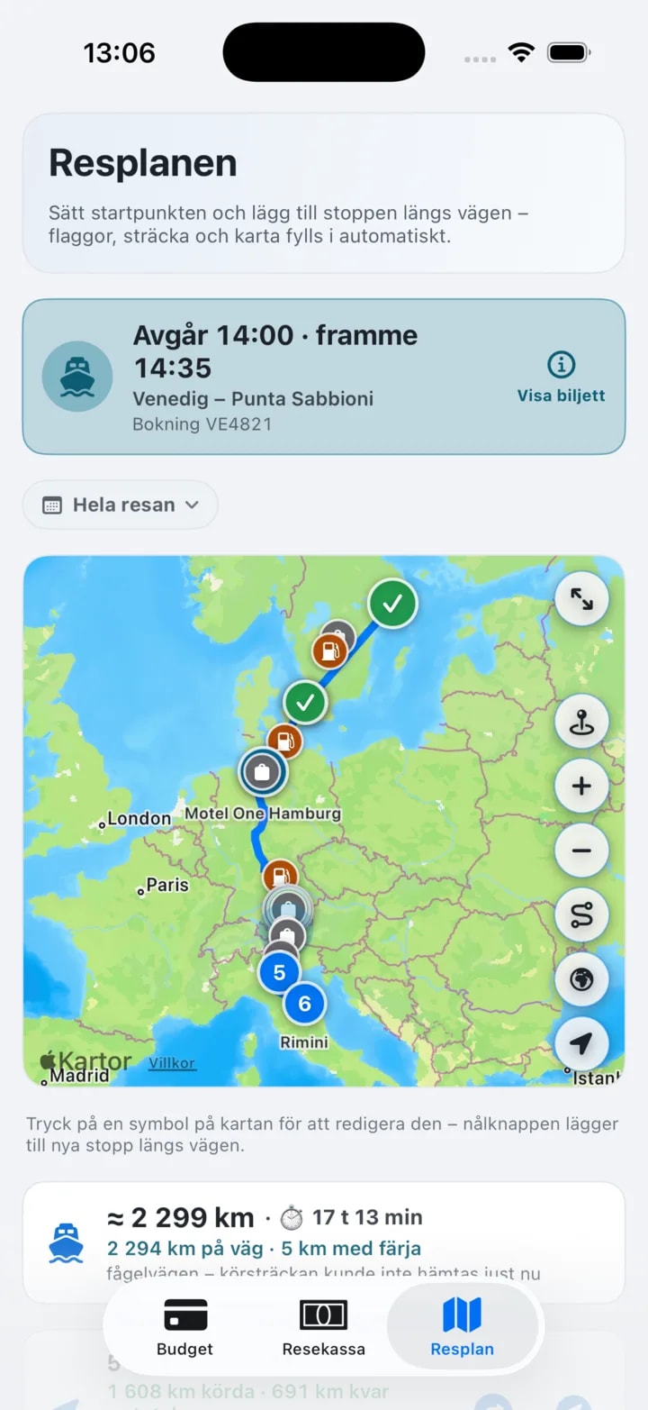 Roadtrip: resplanen med rutten genom Europa på kartan