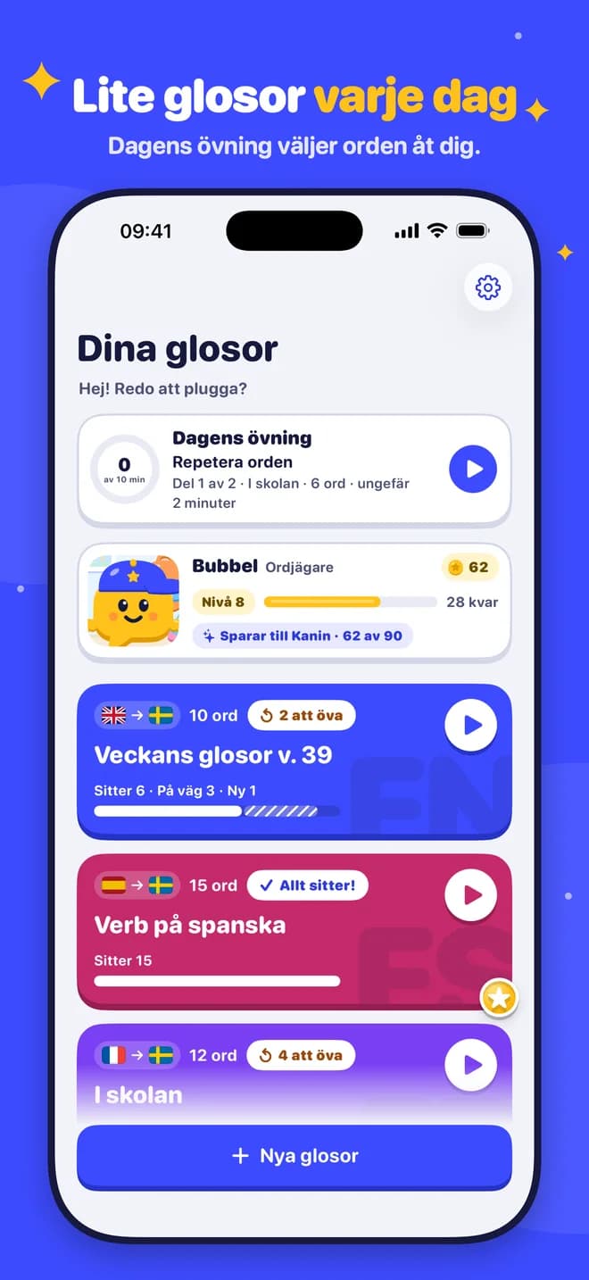 Lite glosor varje dag – Dagens övning väljer orden åt dig.