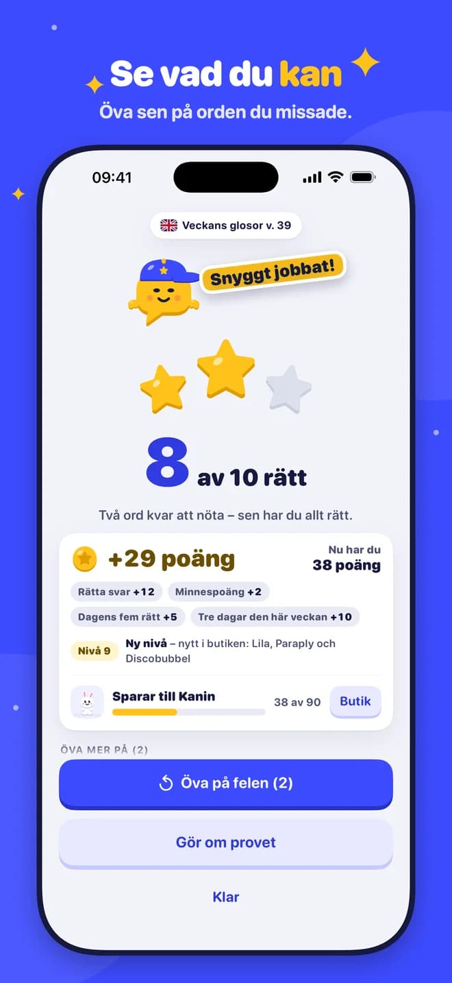 Se vad du kan – Öva sen på orden du missade.