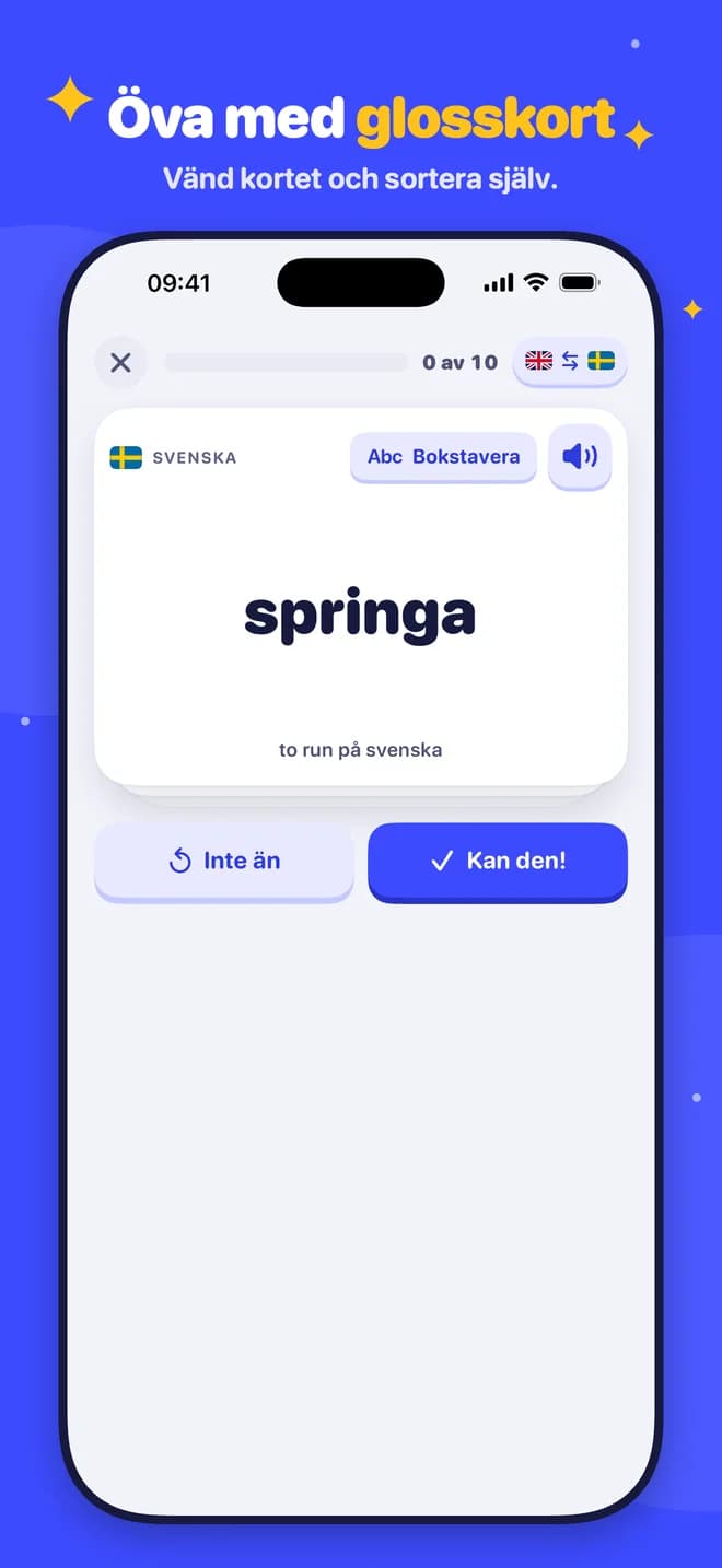 Öva med glosskort – Vänd kortet och sortera själv.