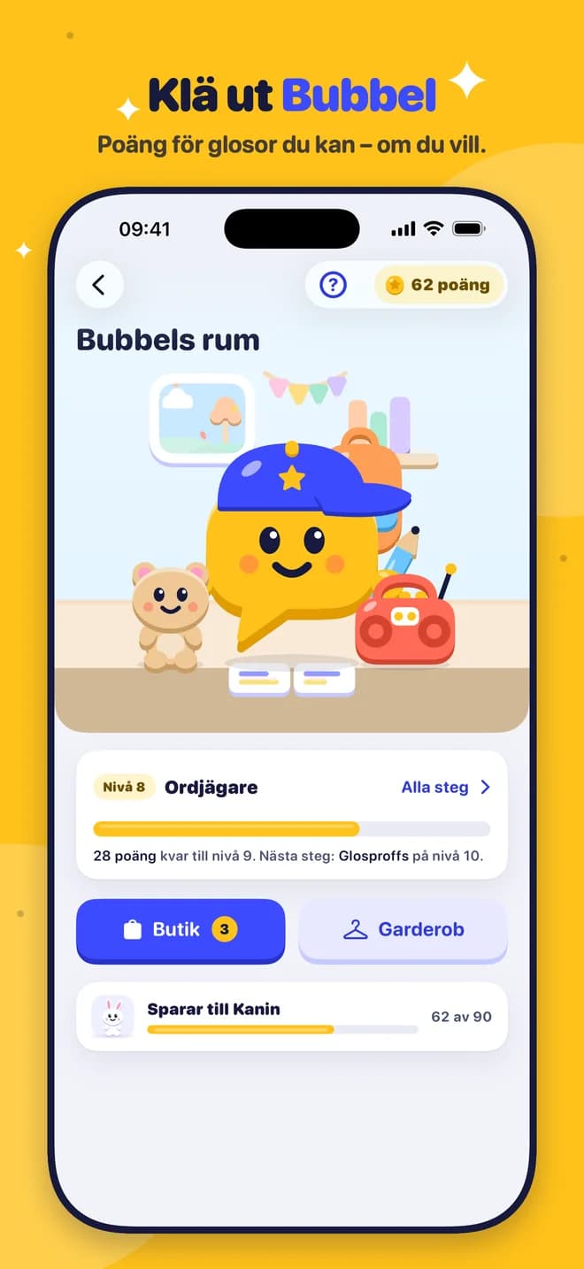 Klä ut Bubbel – Poäng för glosor du kan – om du vill.