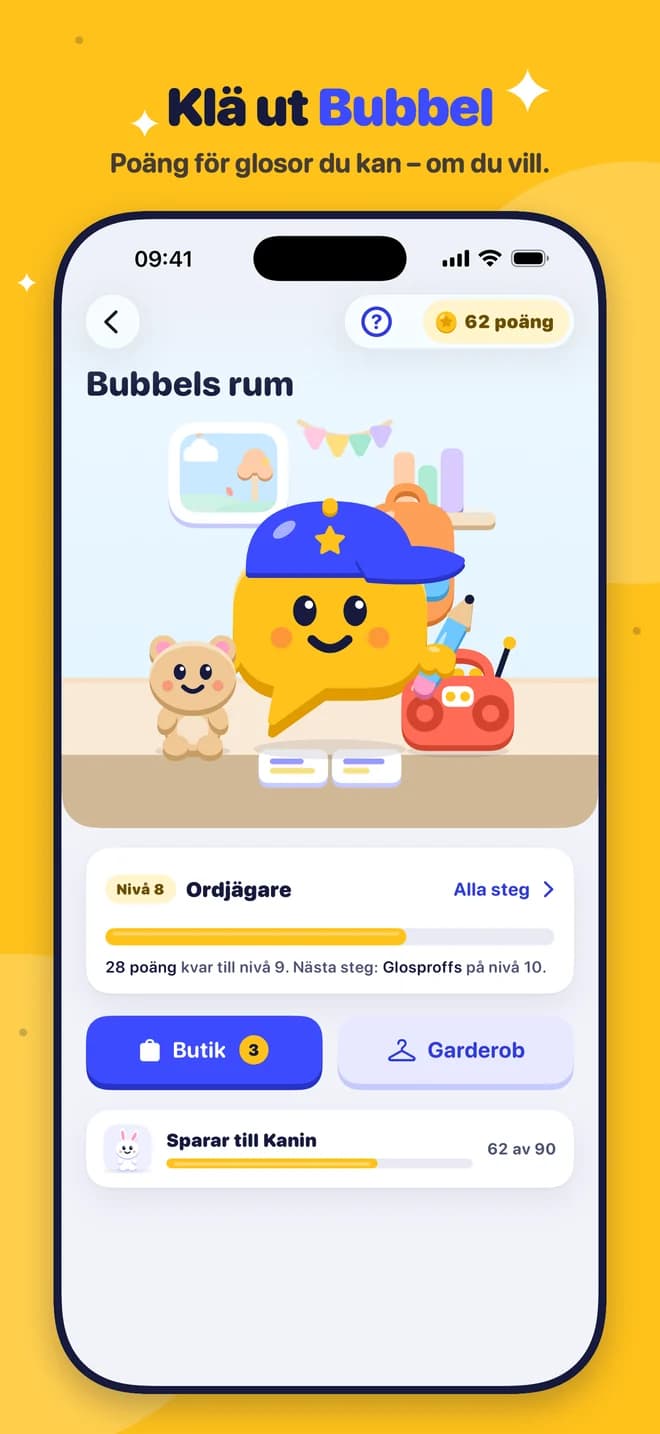 Klä ut Bubbel – Poäng för glosor du kan – om du vill.